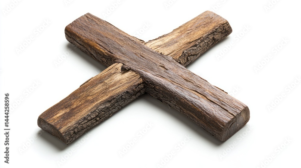 Handcrafted wooden cross with natural bark texture on white background. Handcrafted wooden cross with natural bark texture on white background.