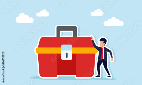 Businessman standing next to a tool kit box, illustration of being ready for maintenance in business or industrial settings