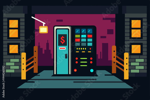 flickering vending machines illuminating graffiti