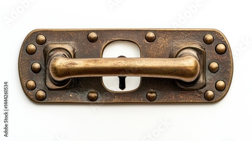 Heavy-duty brass door handle with rivets and a vintage keyhole, on white