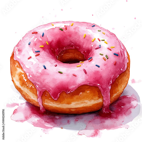 illustration of Glazed Donut With Rainbow Sprinkles, watercolor vector, isolated on a white background.