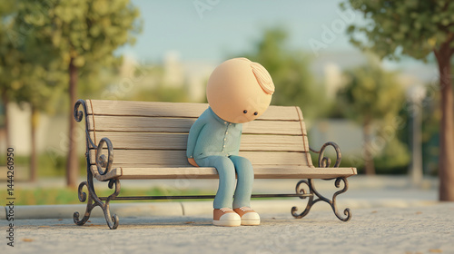 A soft clay-style 3D character sitting alone on a bench, head slightly tilted down in a calm, quiet park. A minimal yet emotional visual — ideal for self-reflection, solitude, mental health, or mindfu