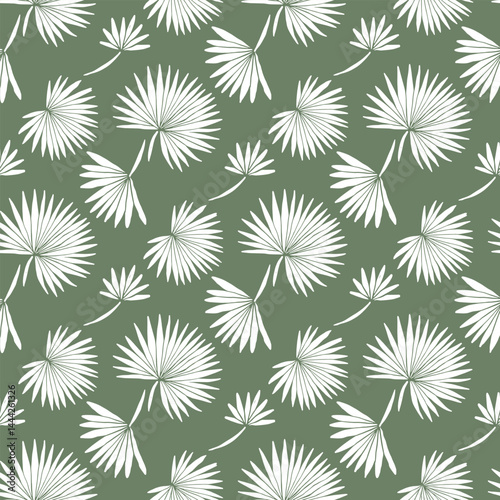 A repeating illustration of radiating fan palm leaves in white over a green backdrop, giving off a breezy, summery tropical vibe.