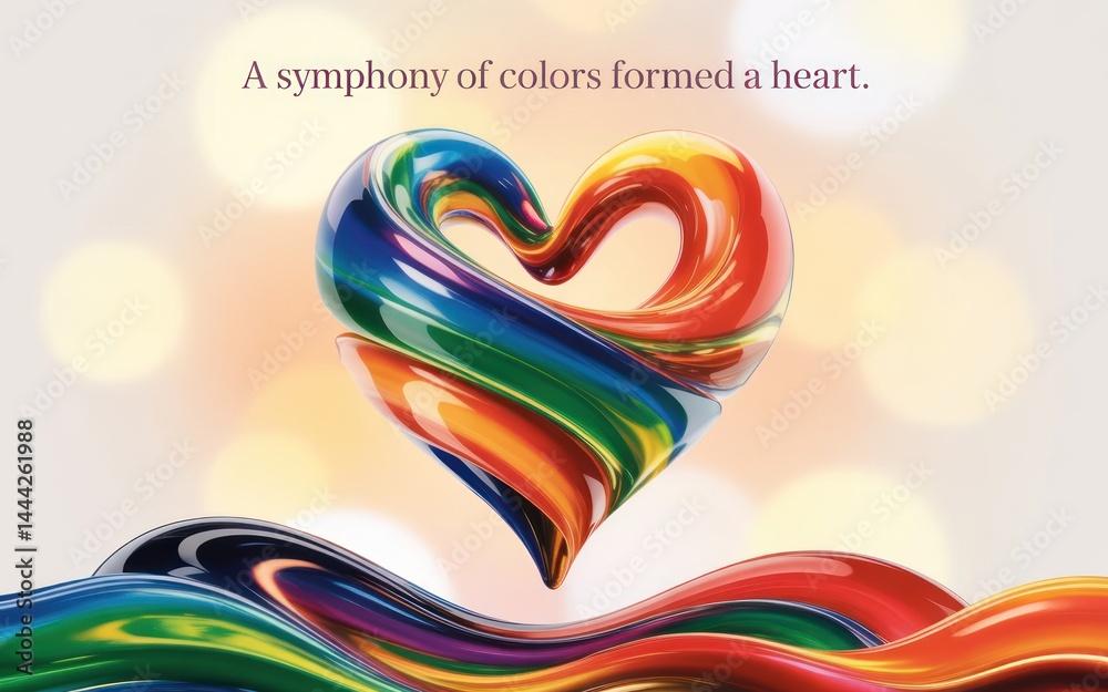 Fototapeta premium A digital artwork featuring a heart-shaped swirl of vibrant colors, including blue, green, yellow, orange, and red. The swirl is suspended in mid-air, with a soft, glowing background of bokeh lights i