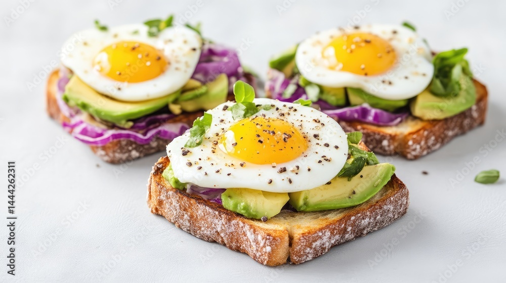 Heart-shaped eggs atop avocado toast with red cabbage Heart-shaped eggs atop avocado toast with red cabbage