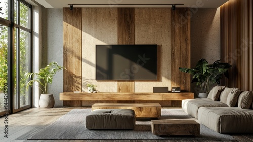 Contemporary Interior Rendering of Modern Living Room with Wooden Accents and Large Window View of Greenery
