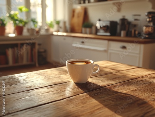 Cozy Kitchen Scene Featuring a White Coffee Cup on a Wooden Table with Soft Morning Light Streaming Through Windows