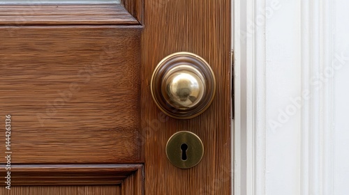 High-gloss wooden door with brass knob and beveled glass window on white background.
