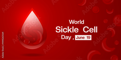 June 19th Is World Sickle Cell Day. Blood, cell and light. Suitable for posters, banners, social media and more. Red background.