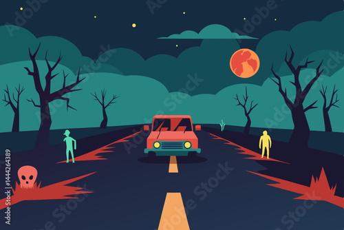 halloween night scene with moon and tree