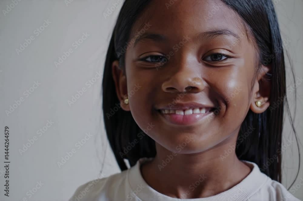 A young girl with long black hair smiles gently at the camera. She is wearing small gold earrings. The background is neutral, focusing on her facial expression and features. A young girl with long black hair smiles gently at the camera. She is wearing small gold earrings. The background is neutral, focusing on her facial expression and features.
