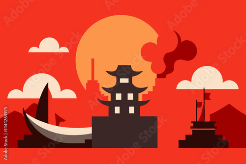 japan medieval era ship burning city