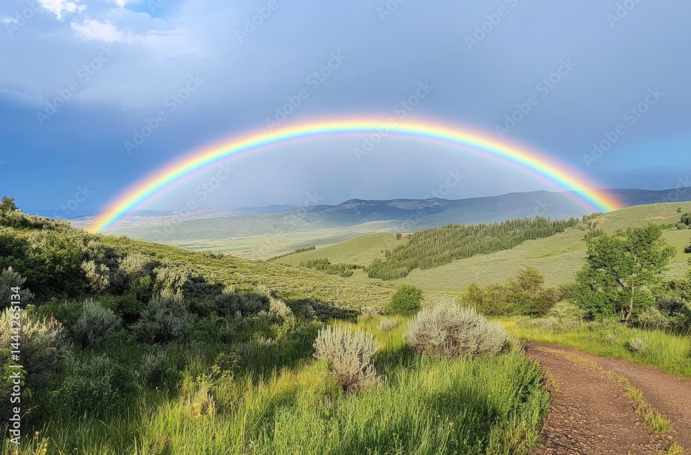 Naklejka premium Bright rainbow over green valley, after-rain clarity and hope