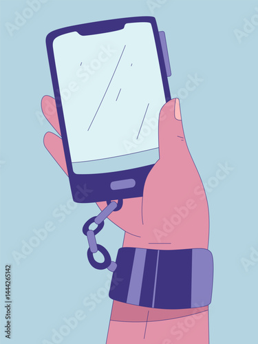 A poignant illustration visually interprets the grasp of smartphone addiction, a digital leash binds the device to a wrist.