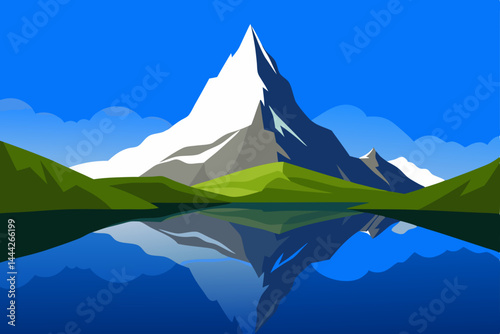 Majestic Mountain Peak Reflection A Serene Landscape Illustration