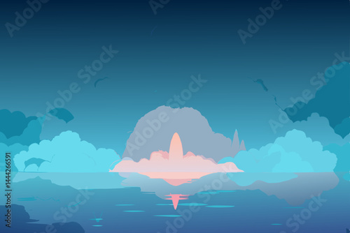 Serene Sunset Landscape Peaceful Ocean and Cloudy Sky Illustration