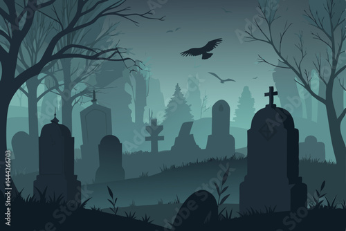 Eerie Cemetery Silhouettes A Spooky Halloween Illustration