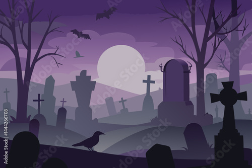 Eerie Halloween Graveyard Spooky Night Scene Illustration