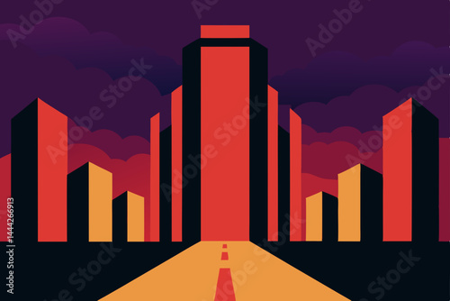 Sunset Cityscape A Road Leading to Modern Architecture