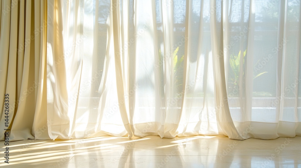 Soft Light Through Sheer Curtains in Bright Room Interior Soft Light Through Sheer Curtains in Bright Room Interior