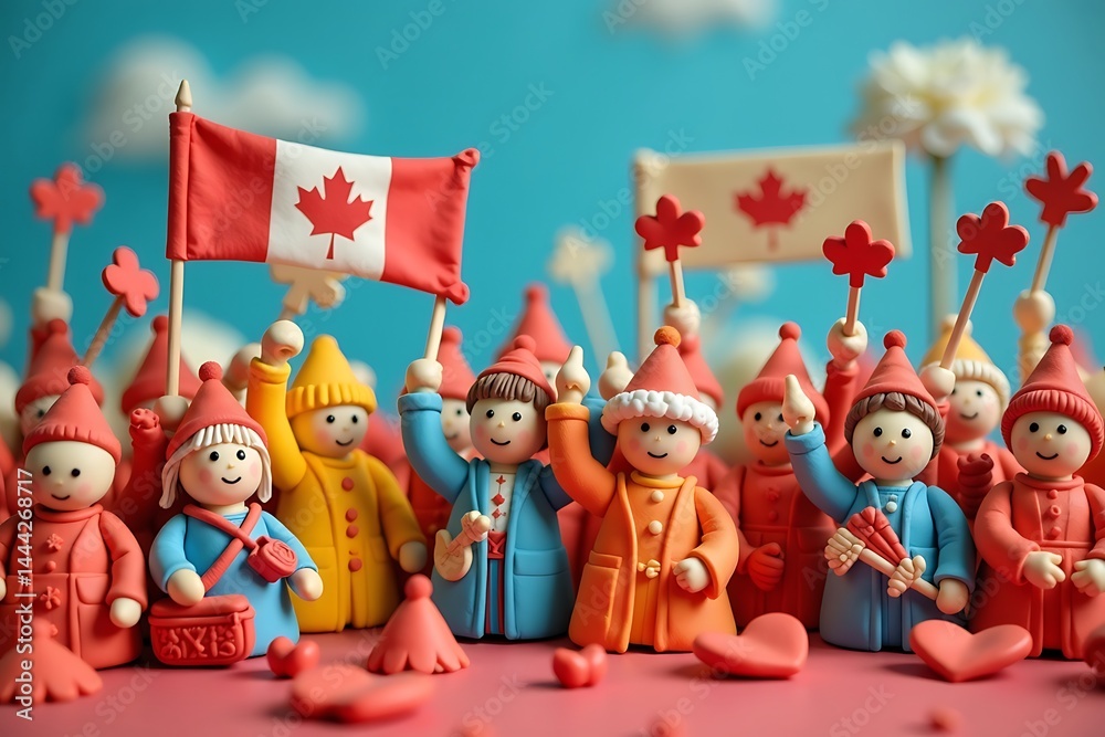 Fototapeta premium Playful Celebration: Clay Figures with Flags & Hearts Celebrating Canada Day 
