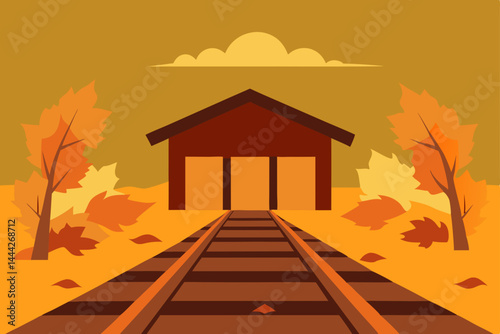 Autumn landscape illustration of a village home with trees and sky, a perfect design for nature lovers