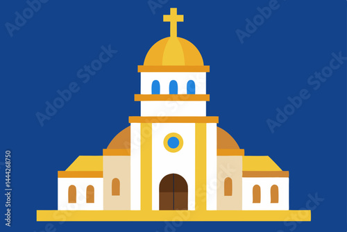Orthodox Church of the Holy Trinity vector illustration, ancient Russian cathedral architecture with golden domes against summer sky