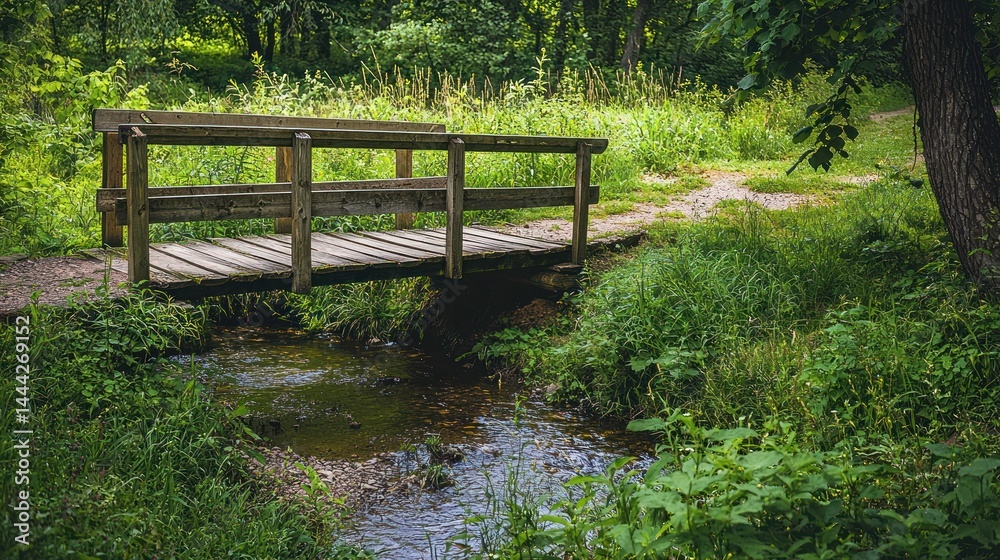 Fototapeta premium Wooden bridge over a small stream in the countryside, surrounded by greenery on white