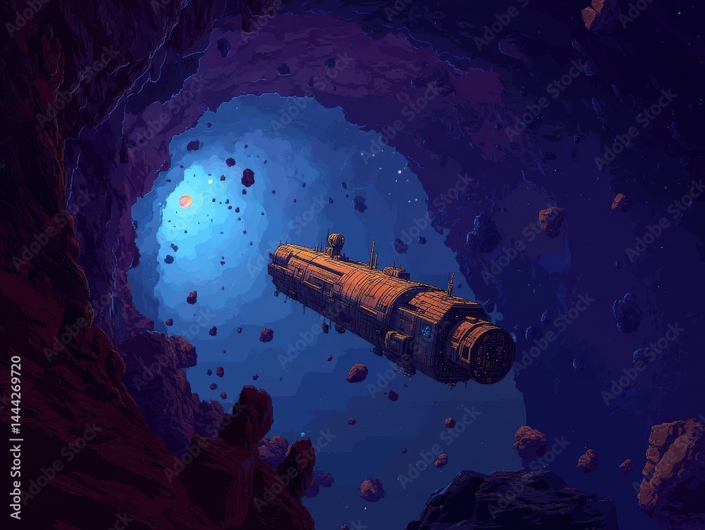 Fototapeta premium A long, rusty vessel floating within a cavernous space.