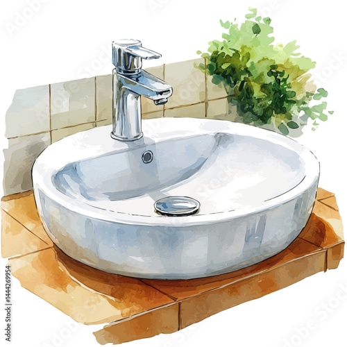 Glass Soap Dispenser Next To A Porcelain Sink, watercolor vector, isolated on a white background.