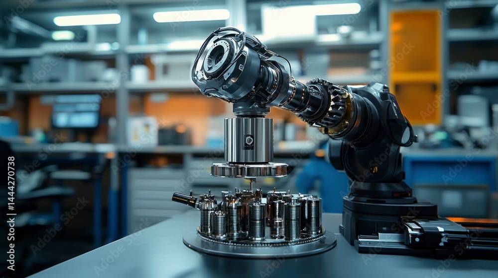 Modern Robotic Arm in Precision Engineering Workshop with Advanced Technology and Innovative Tools for Manufacturing Process Modern Robotic Arm in Precision Engineering Workshop with Advanced Technology and Innovative Tools for Manufacturing Process
