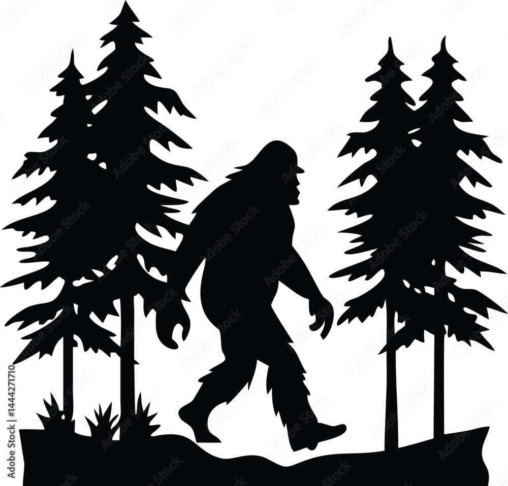 Fototapeta premium Epic Bigfoot Silhouette Vector Collection Featuring Forest, Mountain, and Mythical Cryptid Scenes in Minimalist Black Style