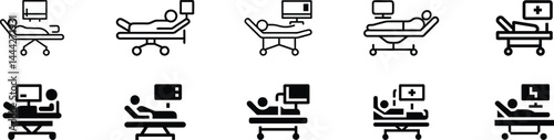 Emergency Room Icon – A Patient on a Stretcher with Monitoring Screen Representing Urgent Medical Care, Hospital emergency room icon set