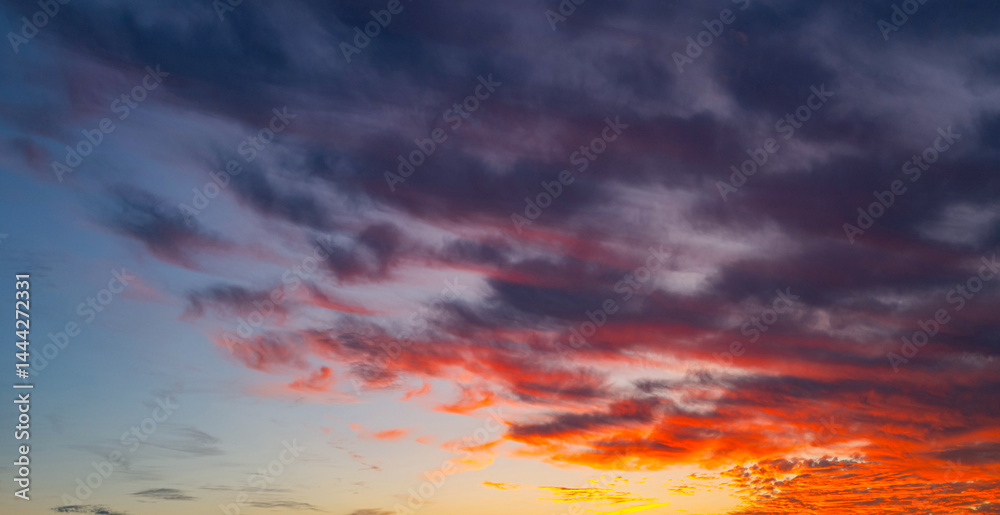 Sky at sunset. Sunrise over horizon. Sunset through clouds on sky. Twilight sky with sunset colors. Peaceful dawn with soft light. Dramatic dusk sunset with clouds. Sunshine in clear sky.