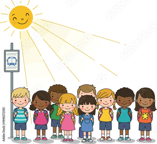 Waiting for the Bus Group of Smiling Children on a Sunny Day