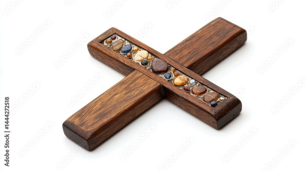 Wooden cross with small embedded gemstones on white background. Wooden cross with small embedded gemstones on white background.