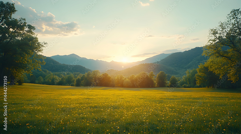 Obraz premium Serene sunset over a vibrant meadow, bathed in golden light, mountains in the background. A picturesque landscape perfect for tranquility and nature themes.