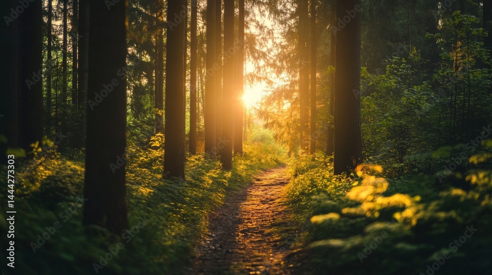 Obraz premium Sun shining through trees on a forest path