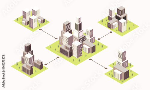 Dense Urban Skyscraper Cluster Surrounded by Modular Green Streets and Housing Zones