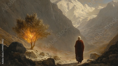 Moses and the Burning Bush: Moses standing in awe before a fiery bush that glows with divine light, on a rugged mountain landscape.