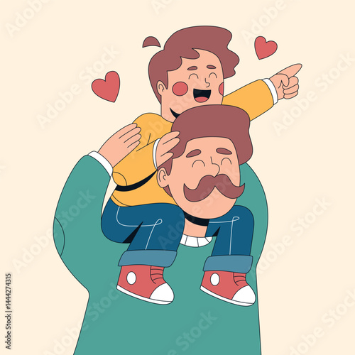 A happy father gives his son a piggyback ride, sharing a joyful moment of bonding and love.