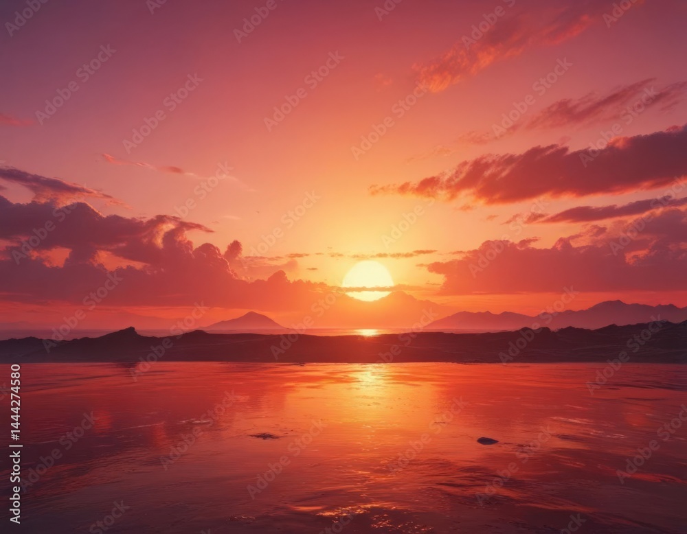 Obraz premium Blazing sunset sky, intense color gradation, amazing horizon view , sky, landscape, sunset