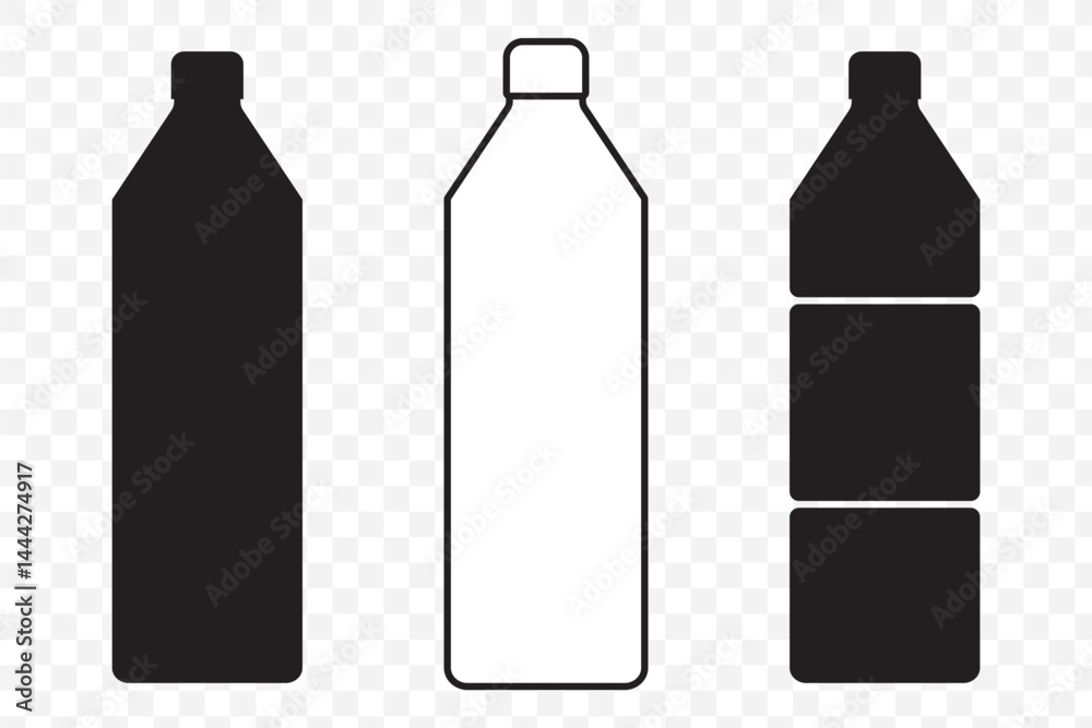 Set of black vector bottle icons isolated on Transparent background. PET bottle plastic. Water bottle set. Plastic bottle collection. Vector illustration on Transparent Background. EPS 10. Set of black vector bottle icons isolated on Transparent background. PET bottle plastic. Water bottle set. Plastic bottle collection. Vector illustration on Transparent Background. EPS 10.