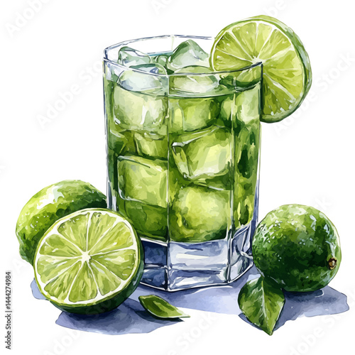 Glass Of Lemon Lime Juice With A Citrus Zest, watercolor vector, isolated on a white background.