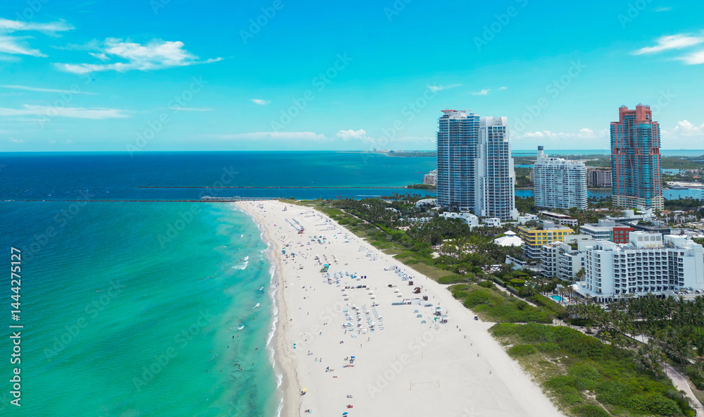 Miami Beach. Miami Beach city from top. South Beach from above. Drone of coastline scene. Shore of Miami with skyscrapers. Aerial cityscape of Miamis view.