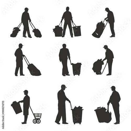 Set of sanitation worker silhouettes in multiple cleaning positions