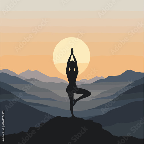 Silhouette of a woman doing yoga at sunrise in mountains