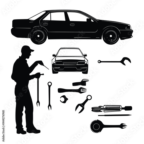 Set of mechanic tools and car silhouette with standing technician