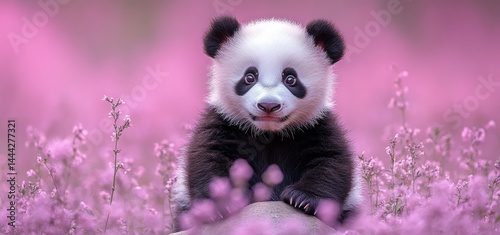 Adorable Panda Cub Amidst Pink Blossoms