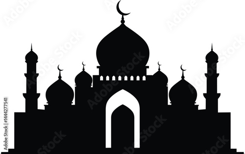 Mosque Silhouette with Crescent Moon – Islamic Religious Architecture Illustration

